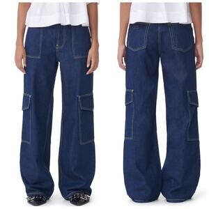 NEW Ganni Angi Wide Leg Cargo Jeans Rinse Denim